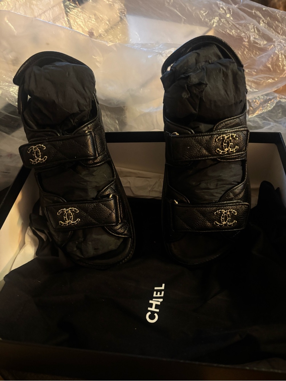 CHANEL Black Quilted Leather Double-Strap Logo Sandals